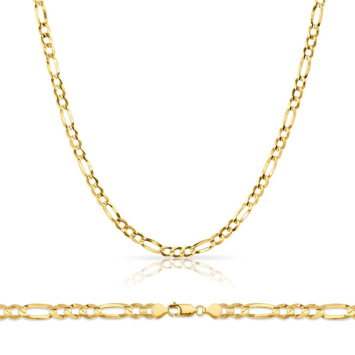 Fully Solid 14K Yellow Gold Figaro Chain Necklace 