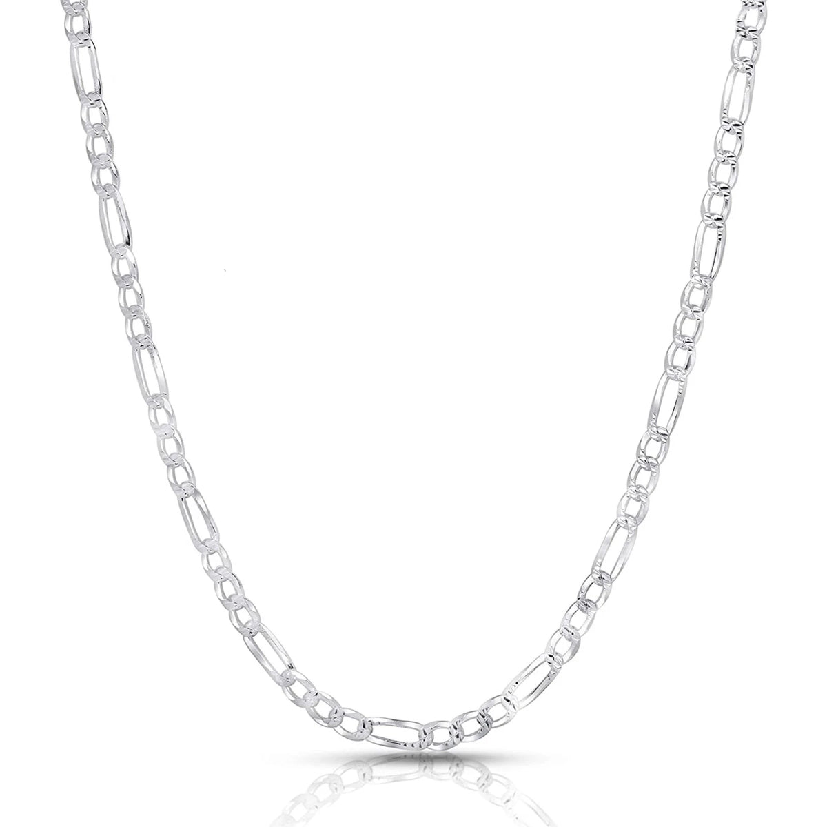 4.20mm Figaro Link Chain Diamond-Cut Pave Necklace in .925 Italy Sterling Silver
