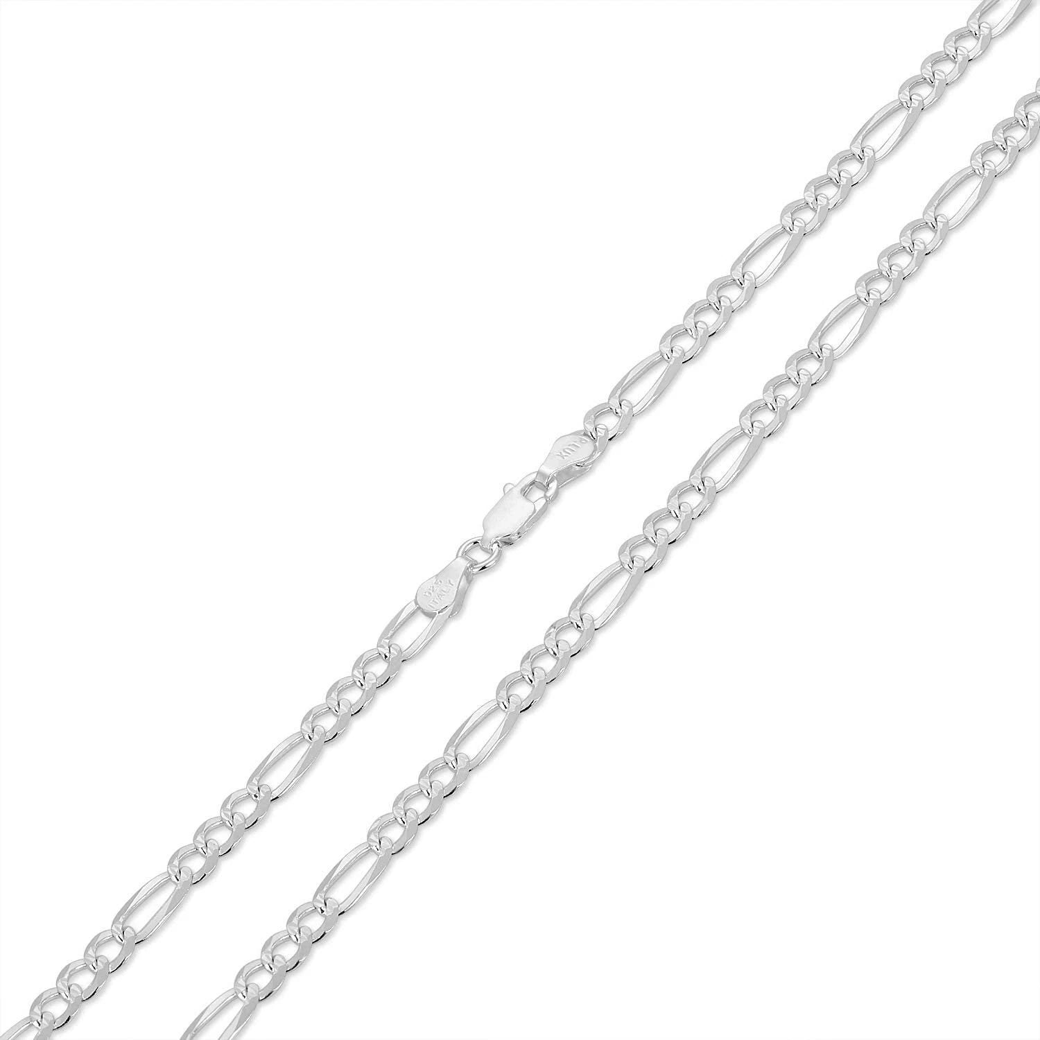4.20mm Figaro Link Chain Diamond-Cut Pave Necklace in .925 Italy Sterling Silver
