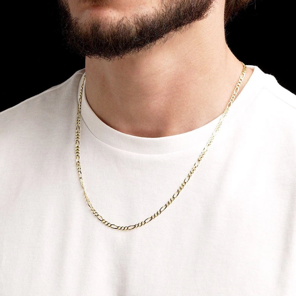 Fully Solid 14K Yellow Gold Figaro Chain Necklace 