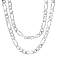 8.60mm Figaro Link Chain Diamond-Cut Pave Necklace in .925 Italy Sterling Silver