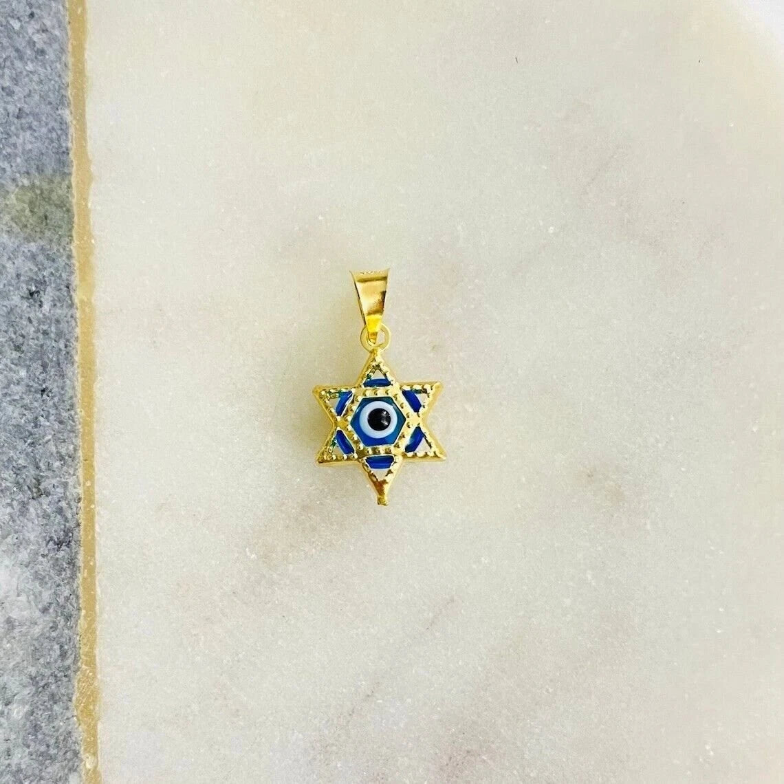 14k Solid Gold Light Blue Star Of David Murano Glass Evil Eye Pendant, 14k Gold