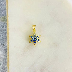 14k Solid Gold Blue Star Of David Murano Glass Evil Eye Pendant, 14k Gold