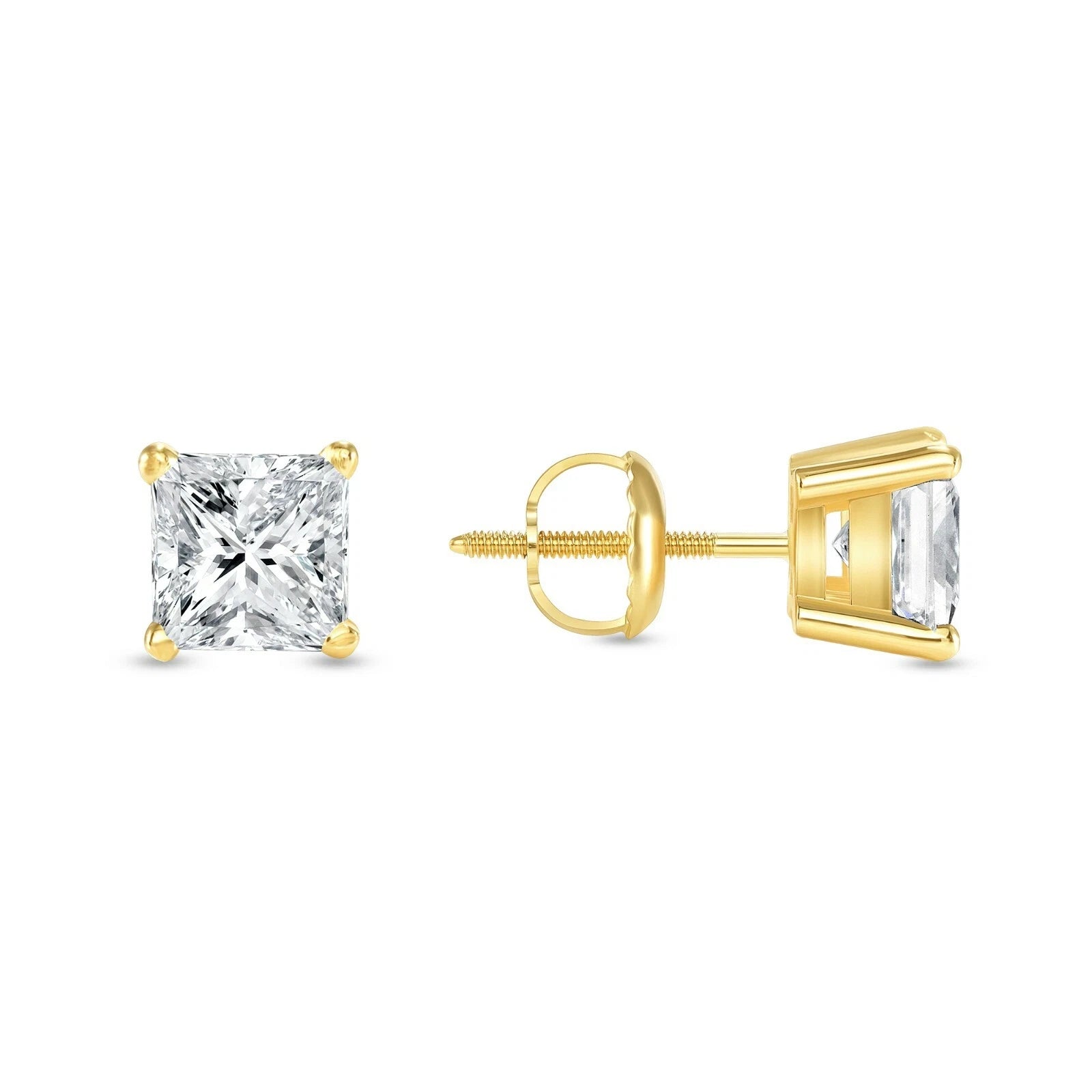 Real MOISSANITE Square Princess Stud Earrings Unisex 14k Gold Passes Tester