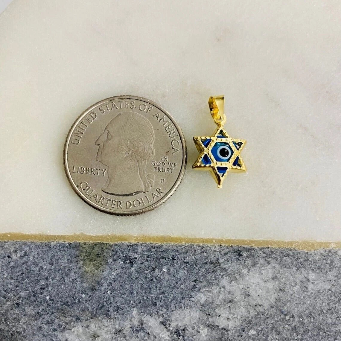 14k Solid Gold Light Blue Star Of David Murano Glass Evil Eye Pendant, 14k Gold