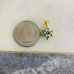 14k Solid Gold Light Blue Star Of David Murano Glass Evil Eye Pendant, 14k Gold