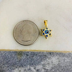 14k Solid Gold Blue Star Of David Murano Glass Evil Eye Pendant, 14k Gold