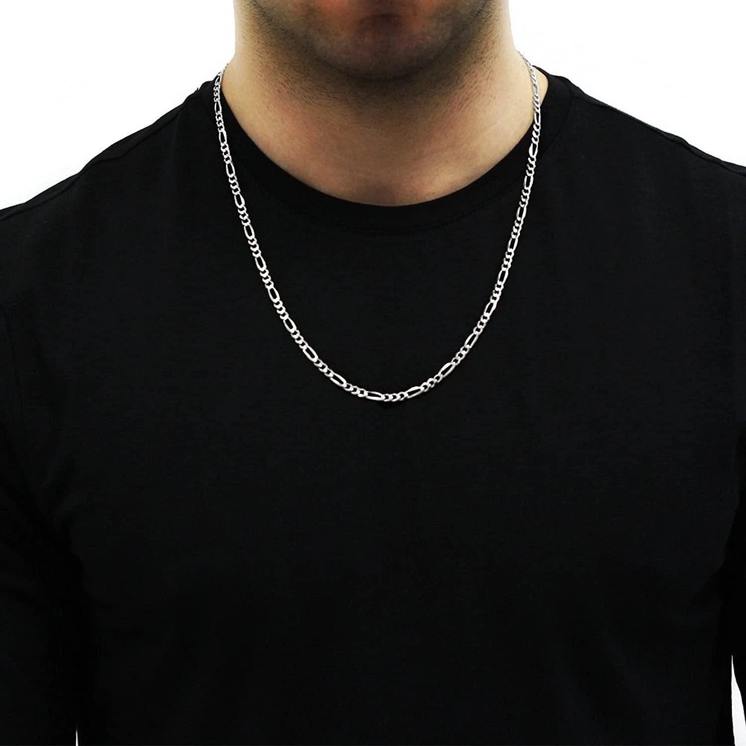 2.00mm Figaro Link Chain Diamond-Cut Pave Necklace in .925 Italy Sterling Silver