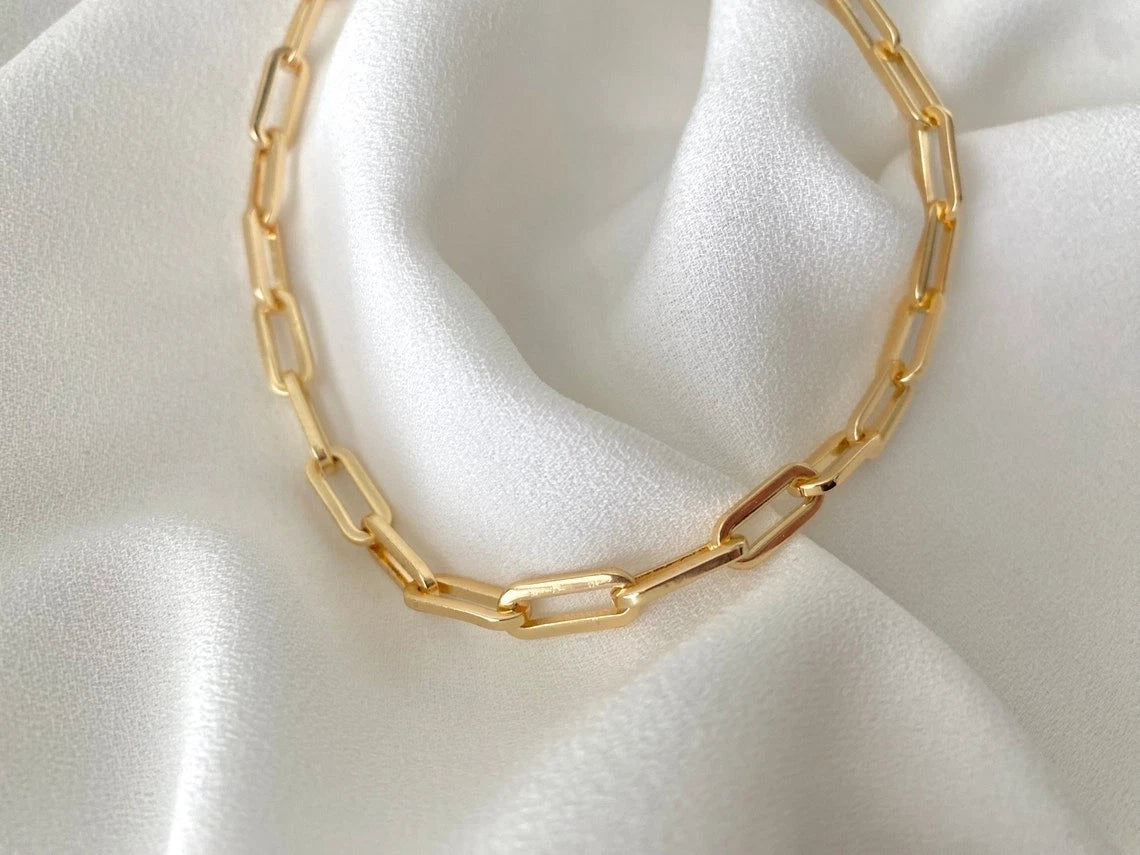 Paperclip Link Chain Necklace 925 Sterling Silver 14K Yellow Gold Plated