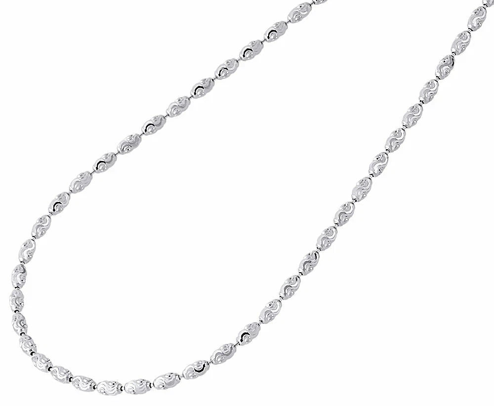 925 Sterling Silver Rhodium Plated 2mm Rice Typhoon Moon Cut Bead Chain Necklace
