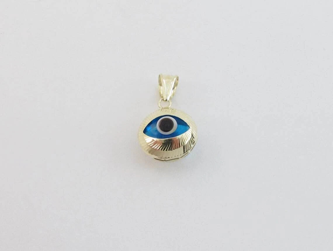 14K Solid Yellow Gold Evil Eye Diamond Cut Pendant - Good Luck Charm Light Blue