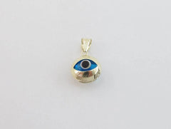 14K Solid Yellow Gold Evil Eye Diamond Cut Pendant - Good Luck Charm Light Blue