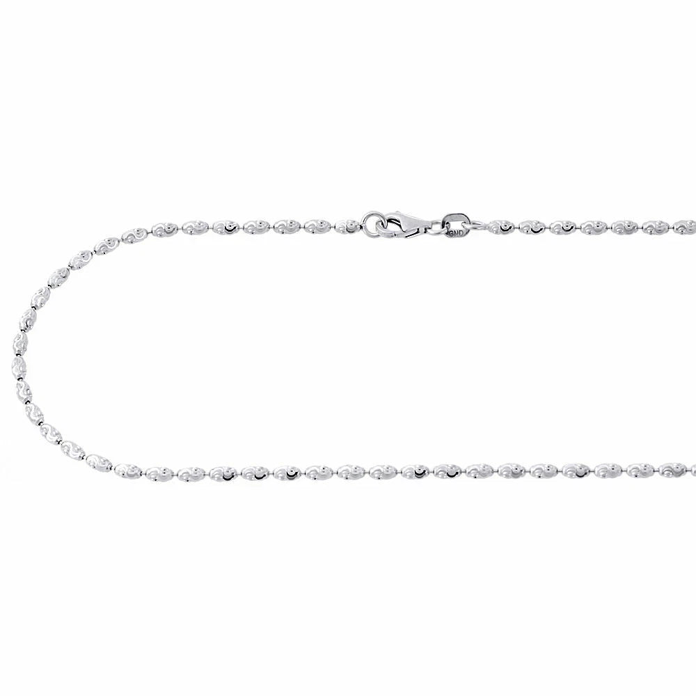 925 Sterling Silver Rhodium Plated 2mm Rice Typhoon Moon Cut Bead Chain Necklace