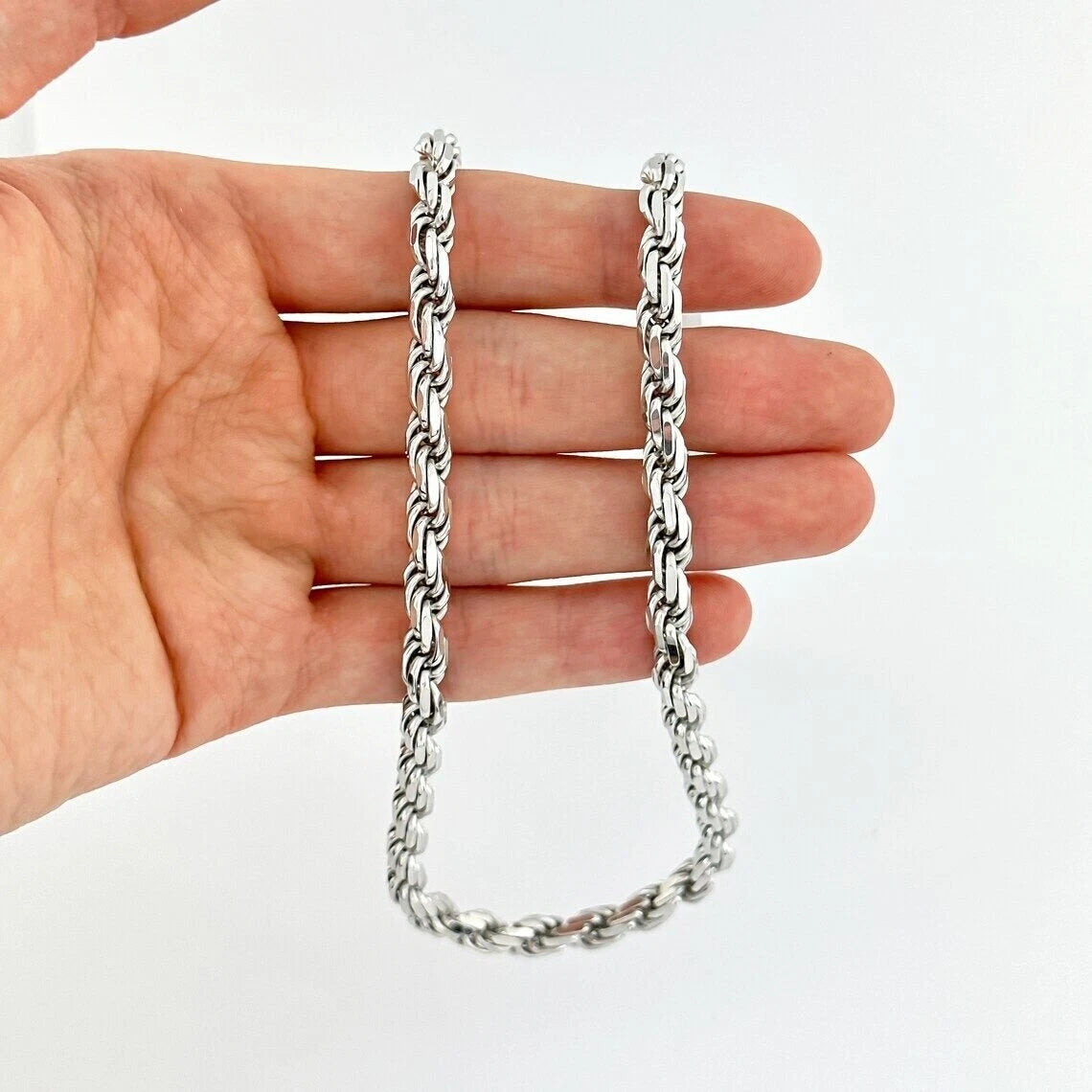 925 Sterling Silver Diamond Cut Rope Chain 5mm Mens Necklace Rhodium Finish