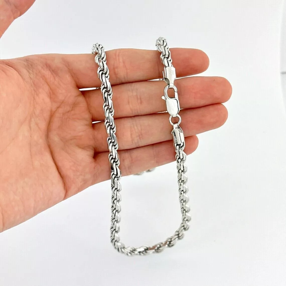 925 Sterling Silver Diamond Cut Rope Chain 5mm Mens Necklace Rhodium Finish