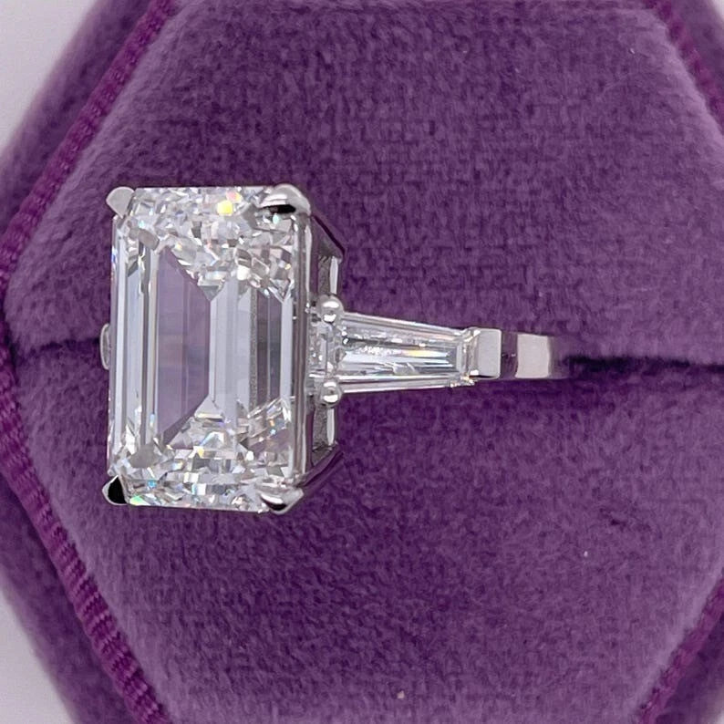 5.35 Ct IGI E VS1 Emerald Cut Lab Grown Diamond Side Baguette Three Stone Ring