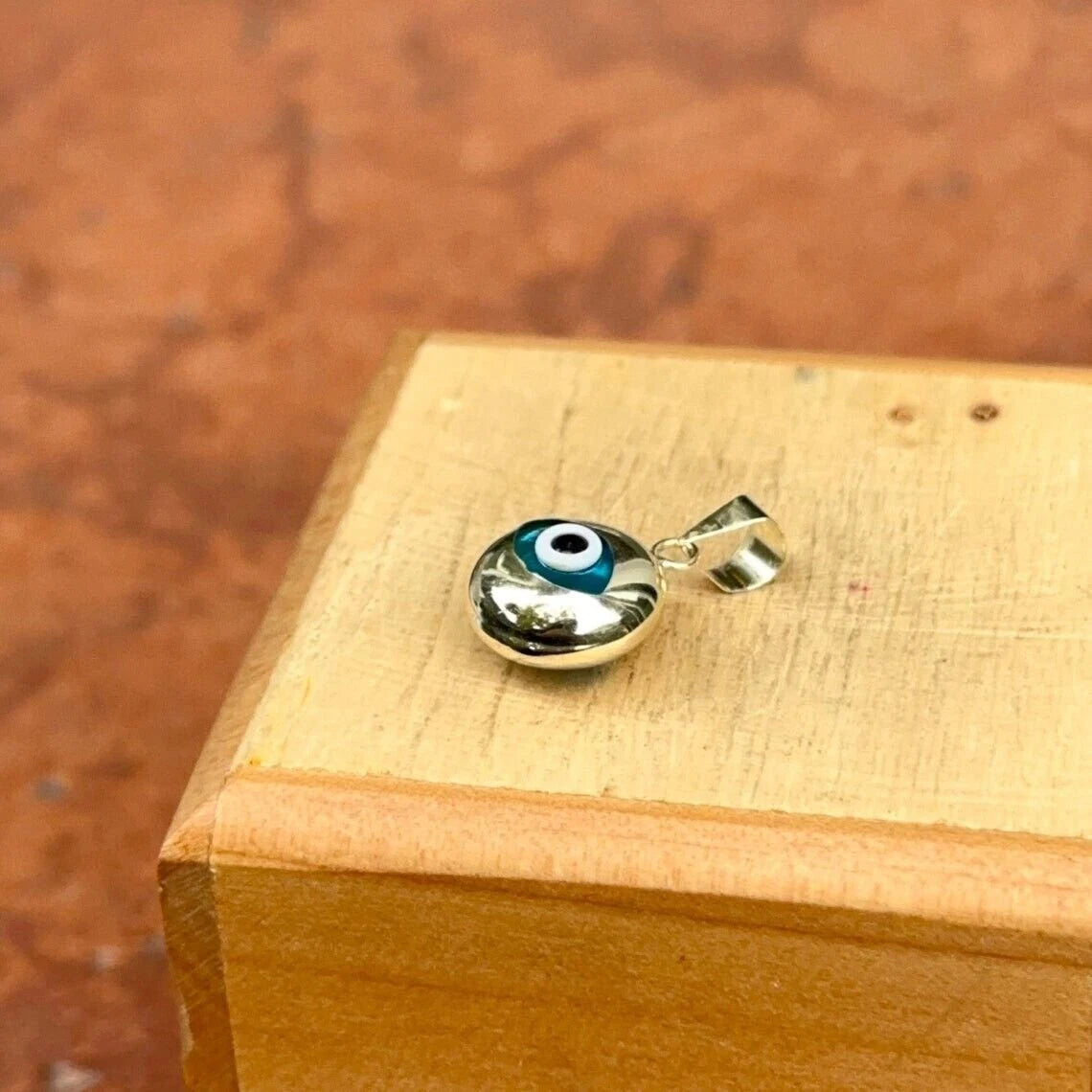 14k Solid Gold Blue Murano Glass Evil Eye Pendant, 14k Gold, Good Luck