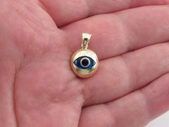 14K Solid Yellow Gold Evil Eye Diamond Cut Pendant - Good Luck Charm Light Blue