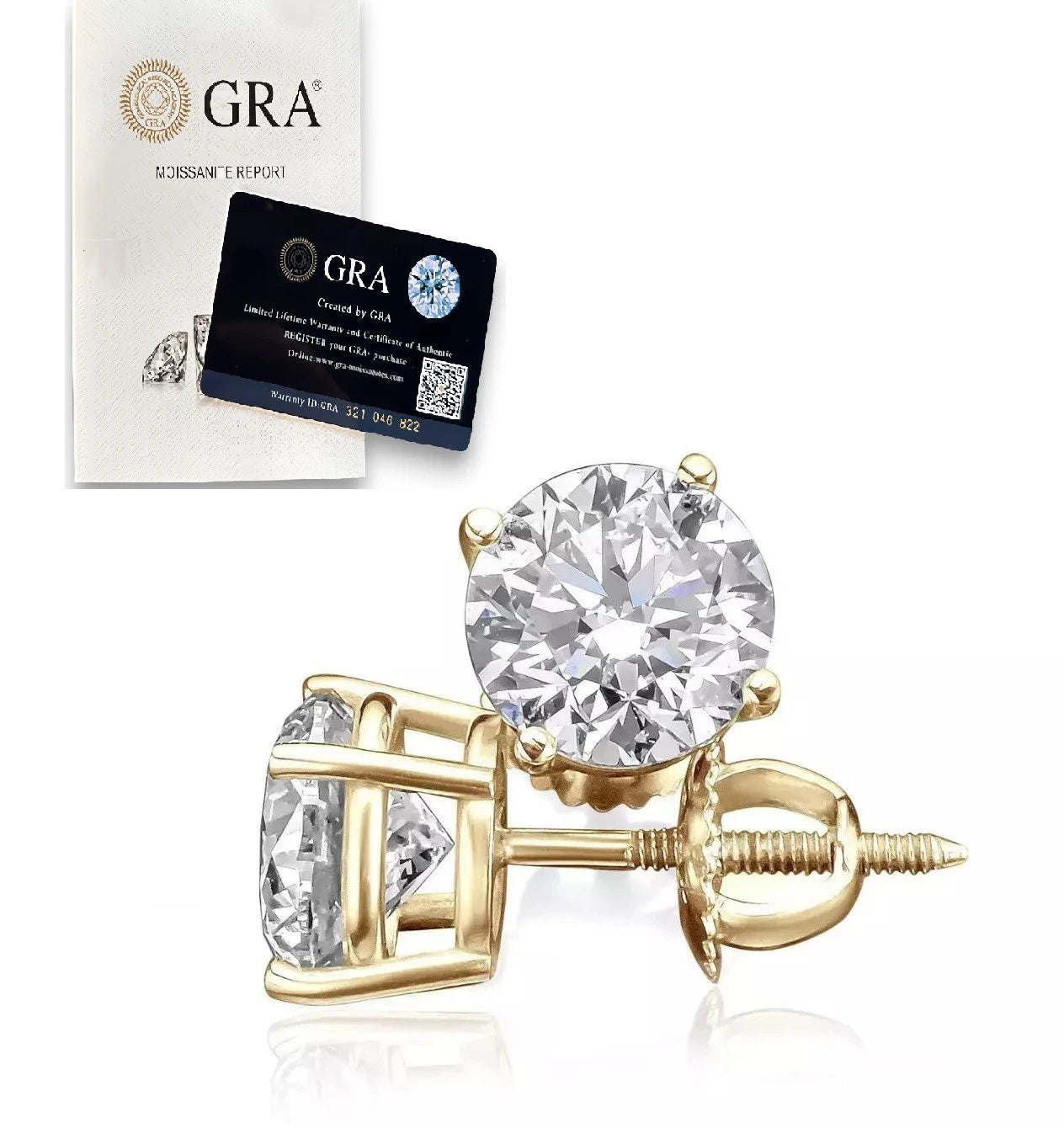 Moissanite Screw Back 14k Gold Solitaire Stud Earrings GRA Certified D/VVS1
