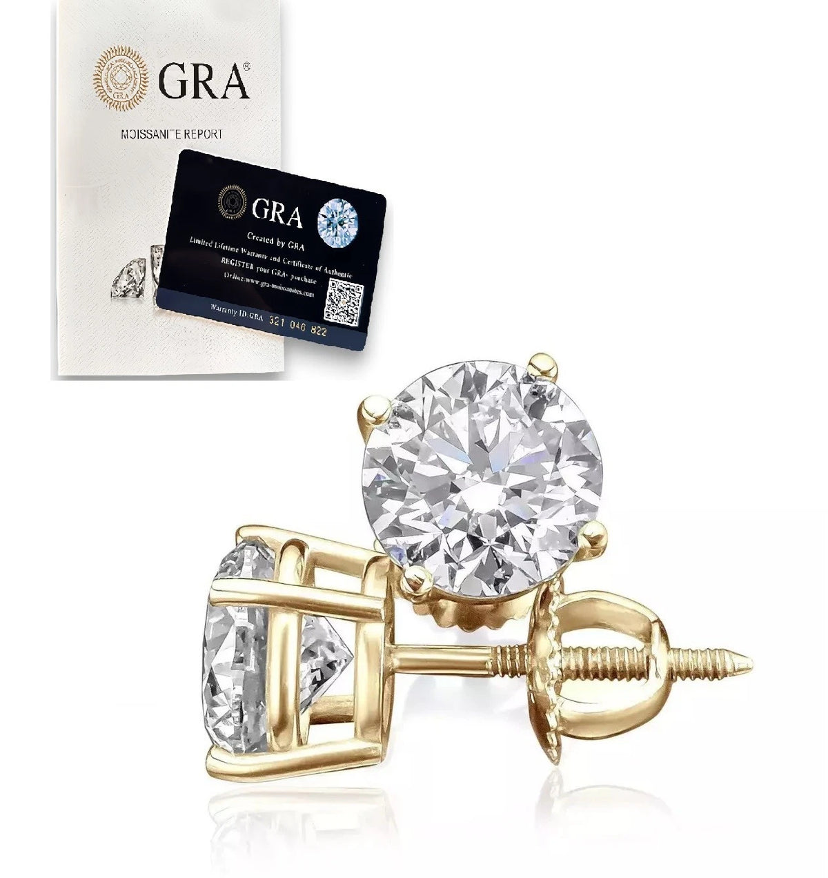 Moissanite Screw Back 14k Gold Solitaire Stud Earrings GRA Certified D/VVS1