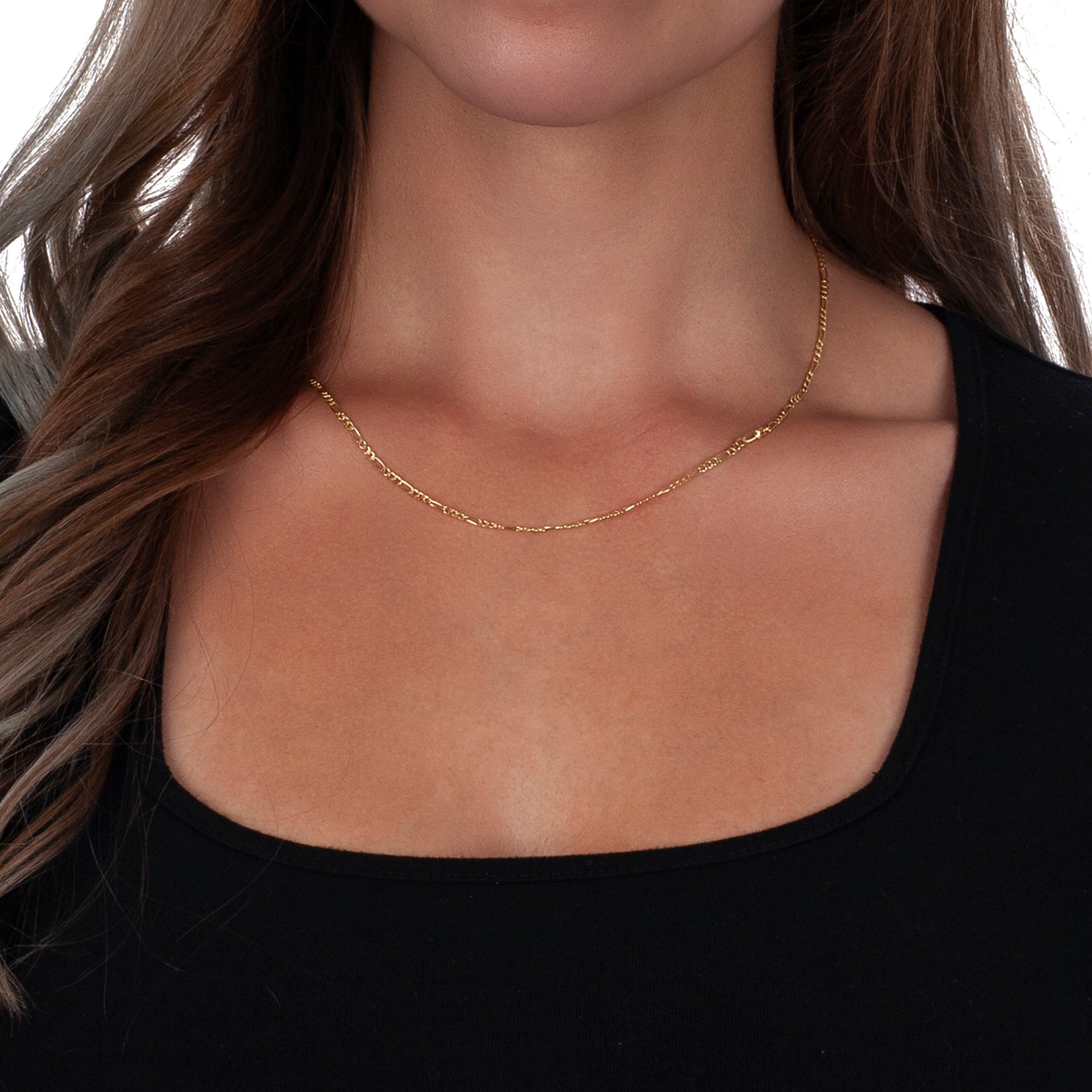 Hollow Figaro Chain Necklace 14K Yellow Gold 18