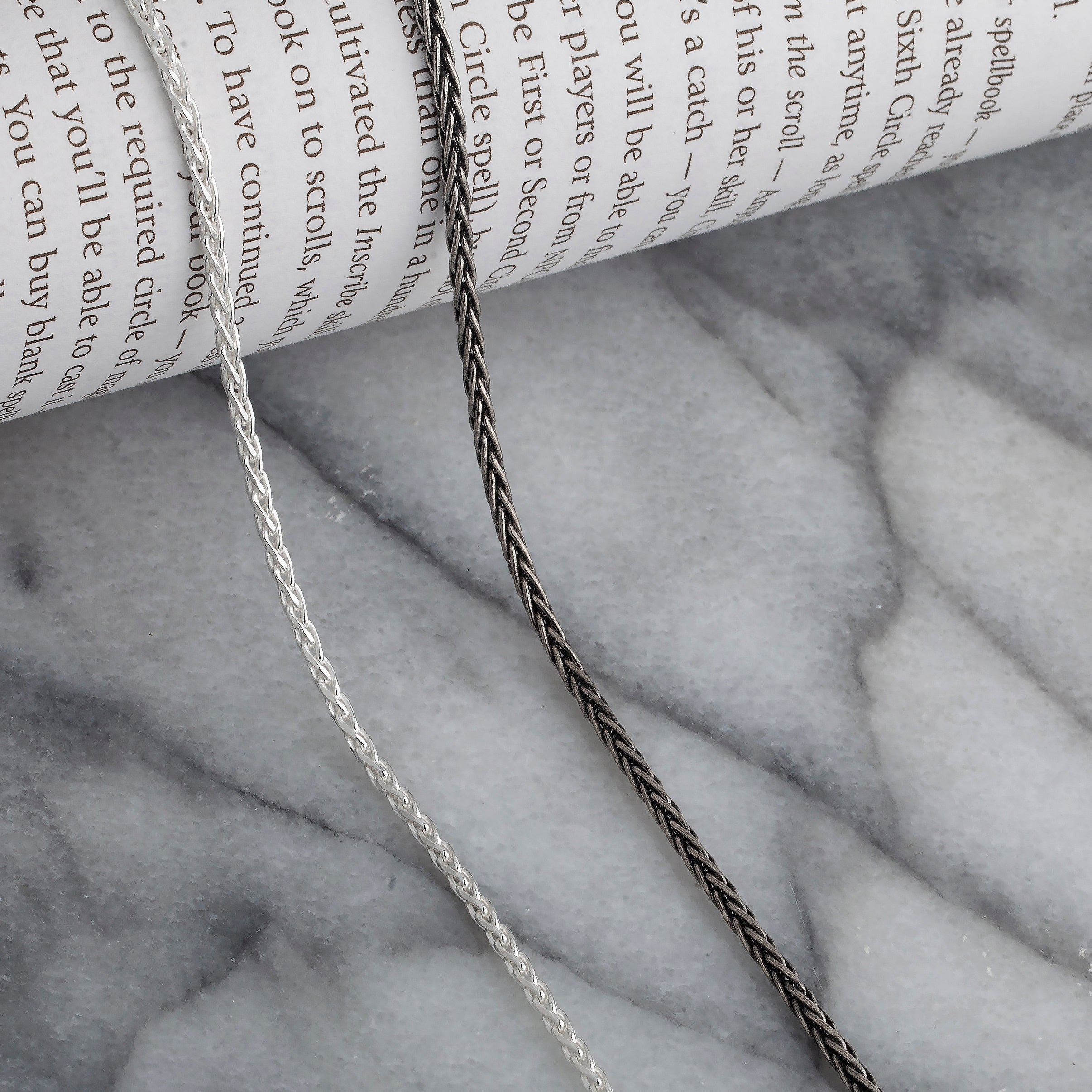 925 Sterling Silver 2mm Spiga Wheat Diamond Cut Oxidized Chain