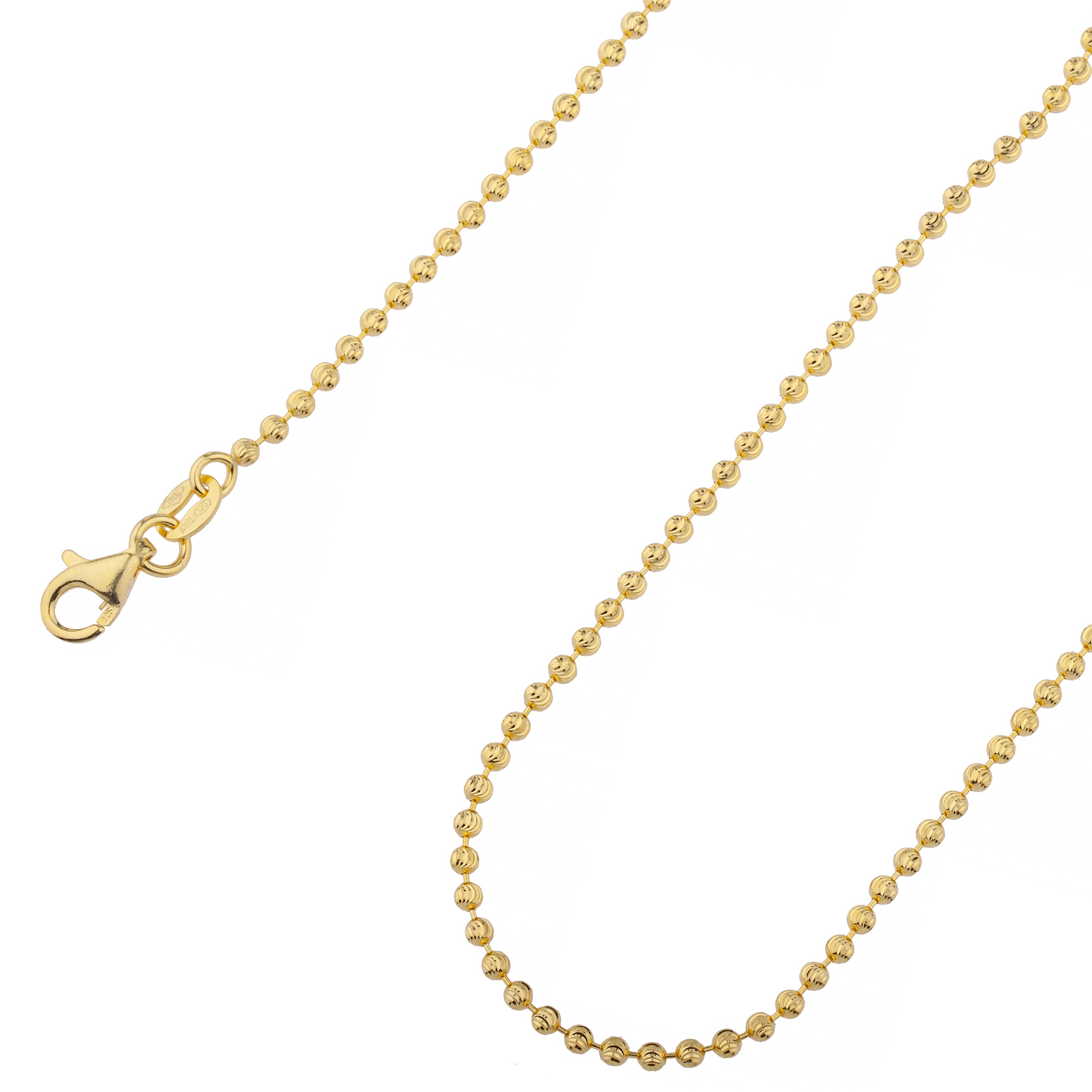 925 Sterling Silver 2mm Moon Cut Bead Ball Gold Plated Chain