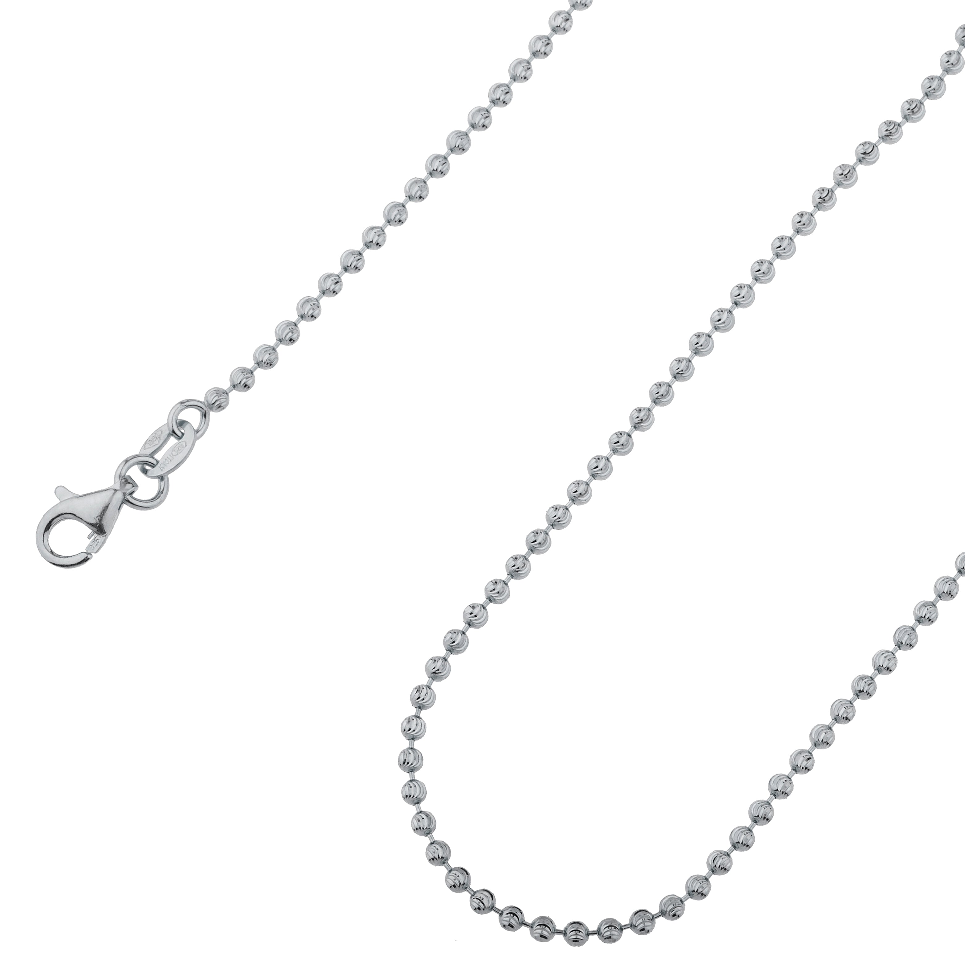 925 Sterling Silver 2mm Moon Cut Bead Ball Rhodium Chain