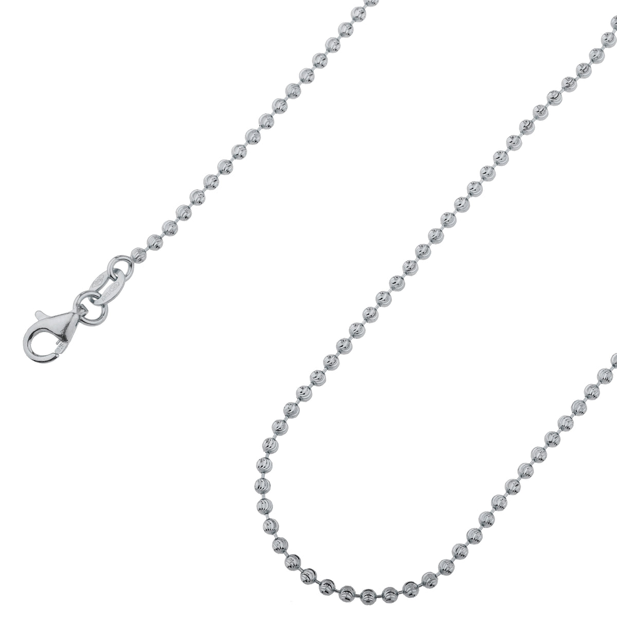 925 Sterling Silver 2mm Moon Cut Bead Ball Rhodium Chain