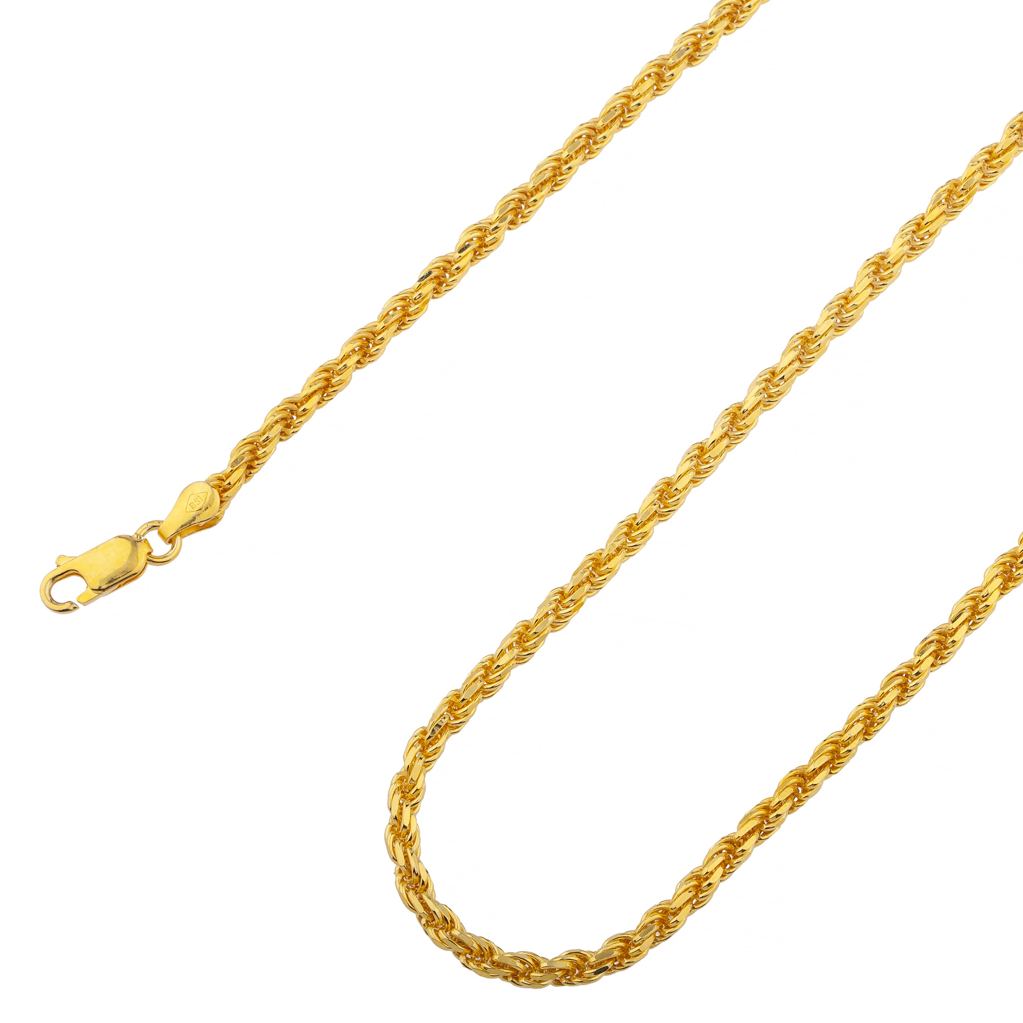 925 Sterling Silver 3.2mm Solid  Rope Diamond Cut Gold Plated Chain