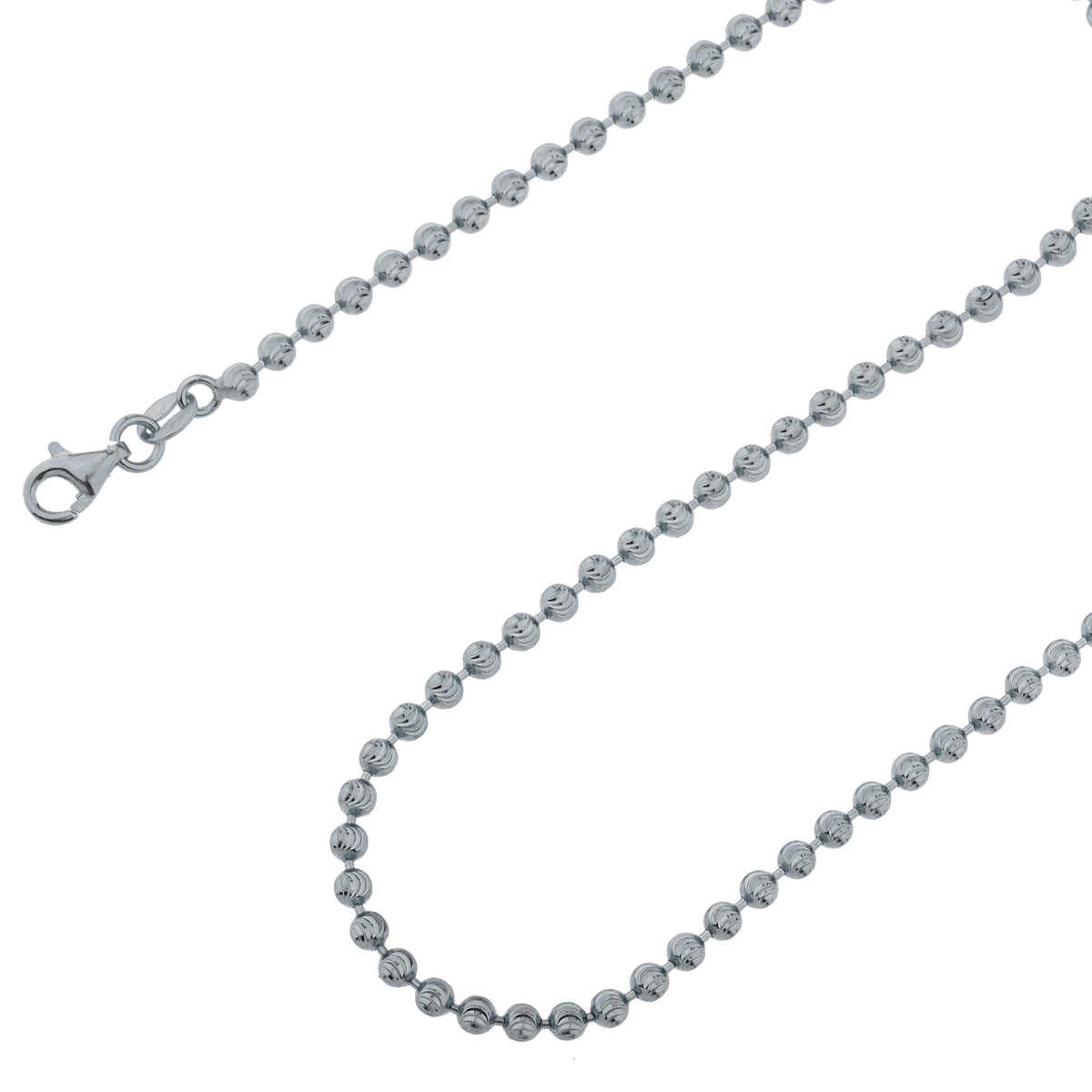 925 Sterling Silver 3mm Moon Cut Bead Ball Rhodium Chain