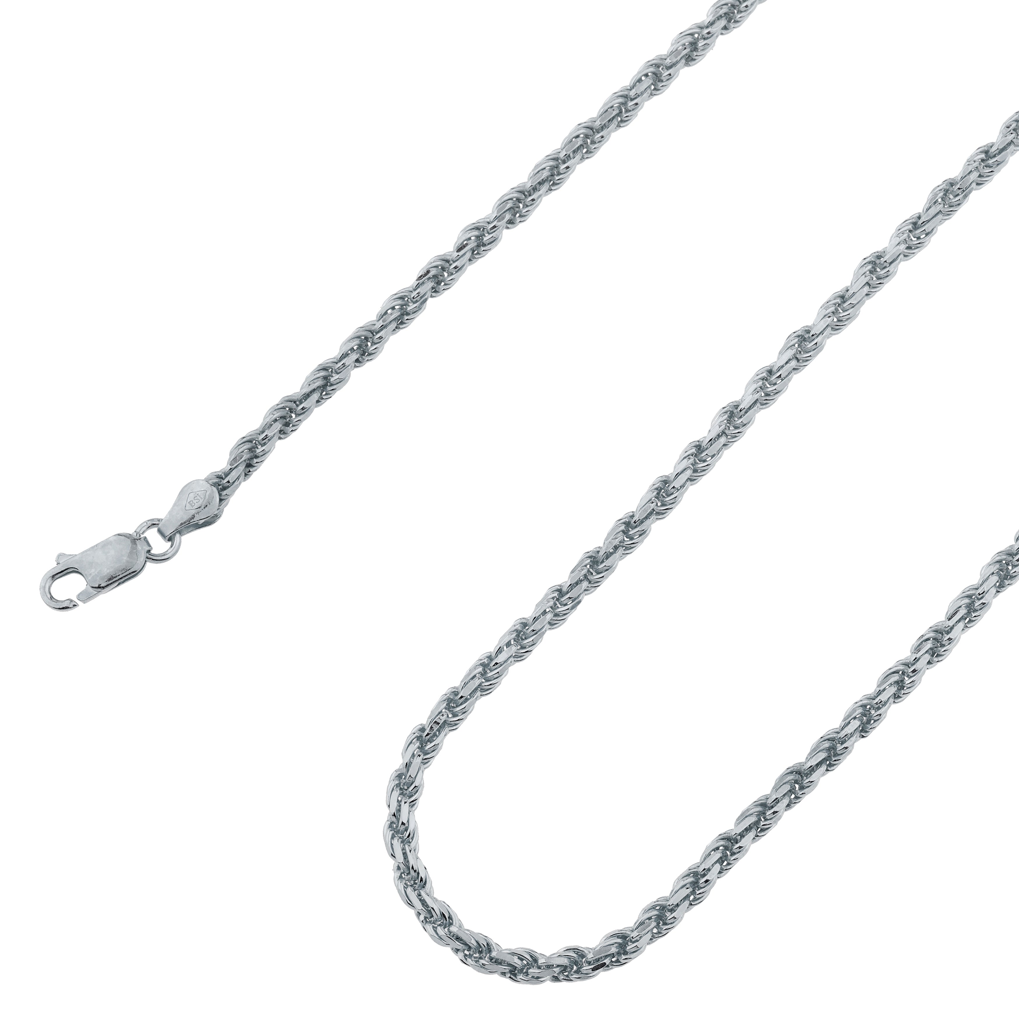 925 Sterling Silver 3mm Solid  Rope Diamond Cut Rhodium Chain