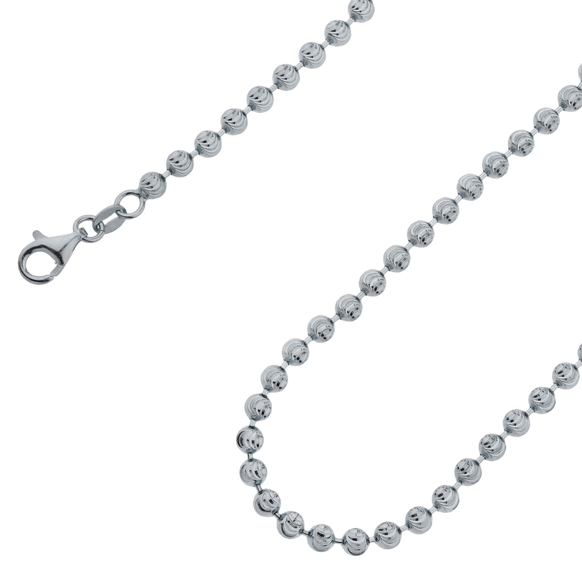 925 Sterling Silver 4mm Moon Cut Bead Ball Rhodium Chain