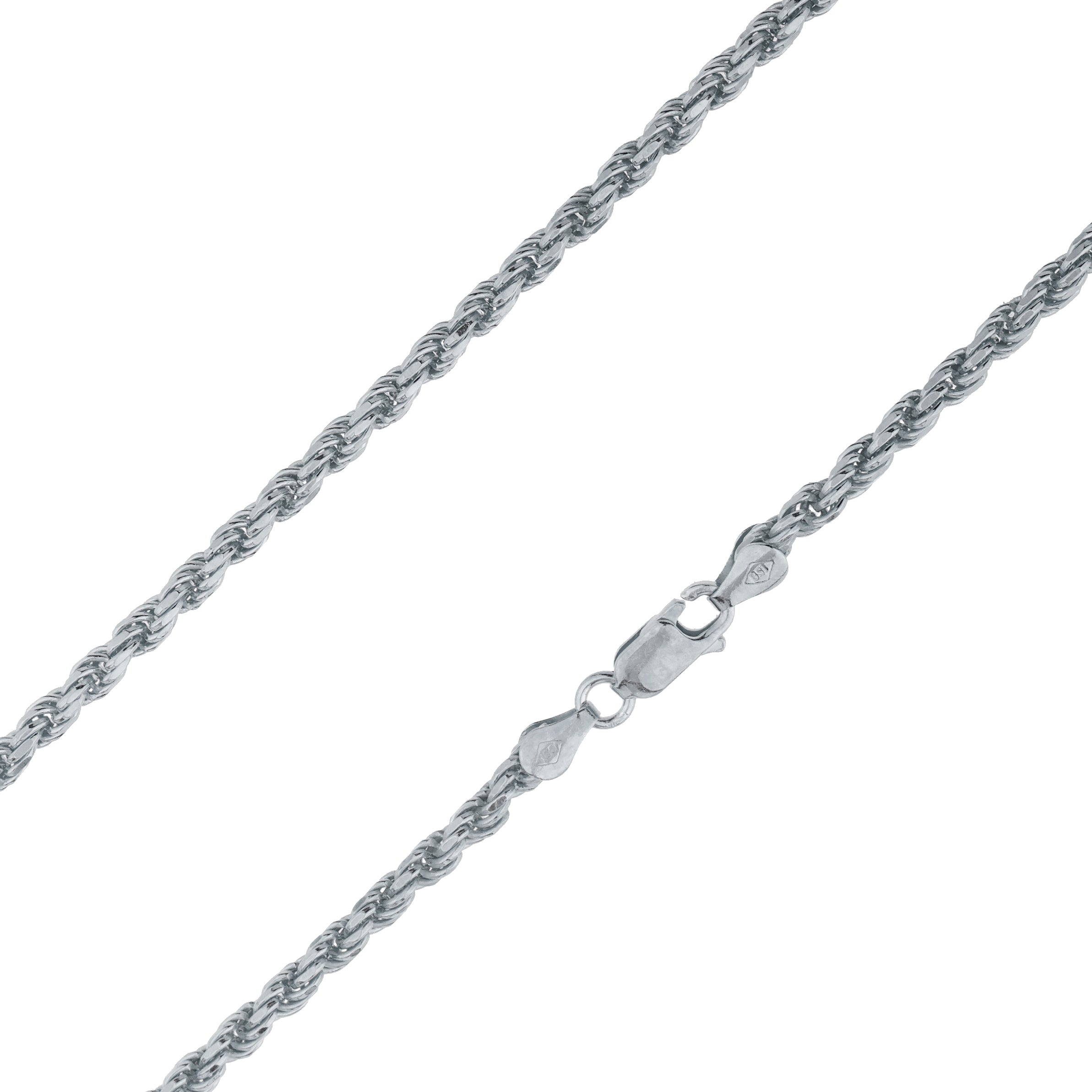 Sterling Silver 3mm Solid  Rope Diamond Cut Rhodium Chain