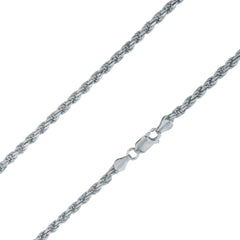 Sterling Silver 3mm Solid  Rope Diamond Cut Rhodium Chain